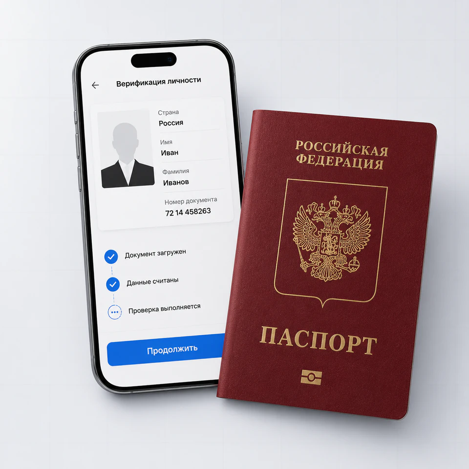 Иллюстрация российского загранпаспорта рядом с телефоном с экраном проверки личности.
